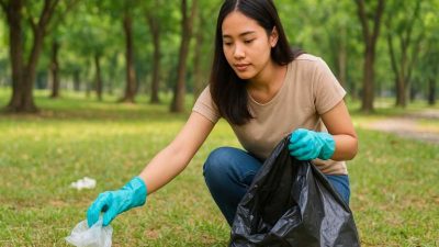 Perempuan sedang mengutip sampah