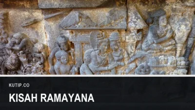 Relief batu bercerita Ramayana di Candi Prambanan, dengan teks Kisah Ramayana