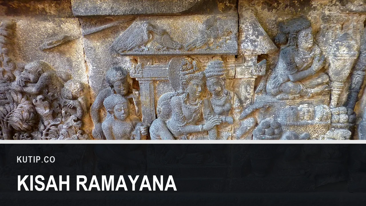 Relief batu bercerita Ramayana di Candi Prambanan, dengan teks Kisah Ramayana