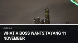 Kawasan perkantoran Yeouido Seoul pada malam hari dengan gedung tinggi berlampu dan pantulannya di Sungai Han, dengan teks What a Boss Wants Tayang 11 November